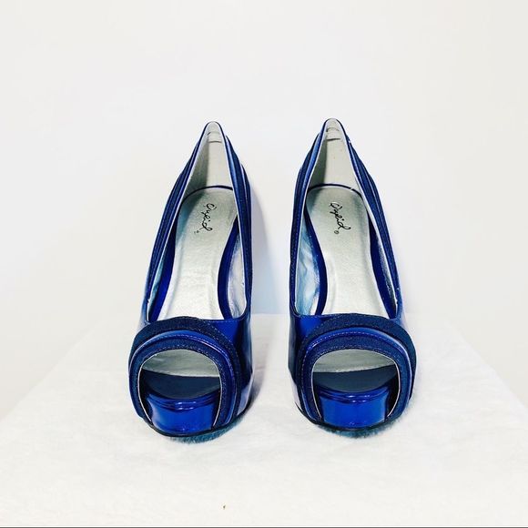 🍀 Mix & Match 4/$60 🍀 Qupid metallic Blue Peep toe pumps size 7.5 - Picture 3 of 5